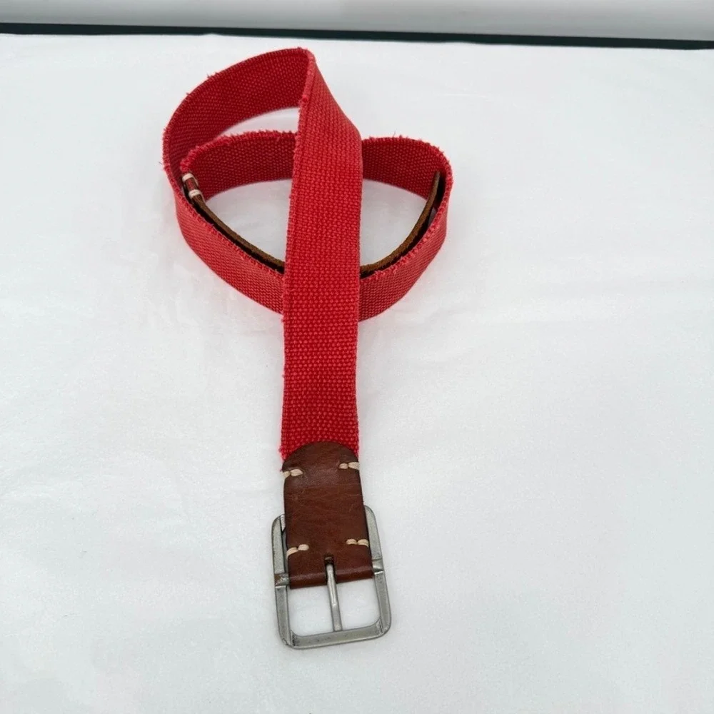 Express Belt Canvas Leather Trim Solid Brass Buckle Casual Mens Unisex Size 38*
